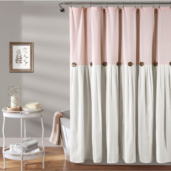 Lush Blush-Off White Linen Button Shower Curtain 72”x72” - Picture 1 of 6